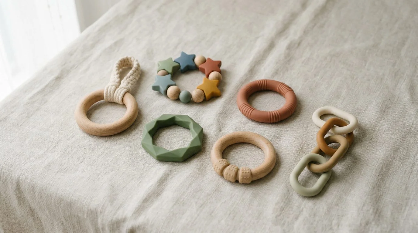 Artikel over bijtringen & fopspenen: Bijtringen voor baby's: rubber, hout, siliconen of BPA‑vrij plastic?