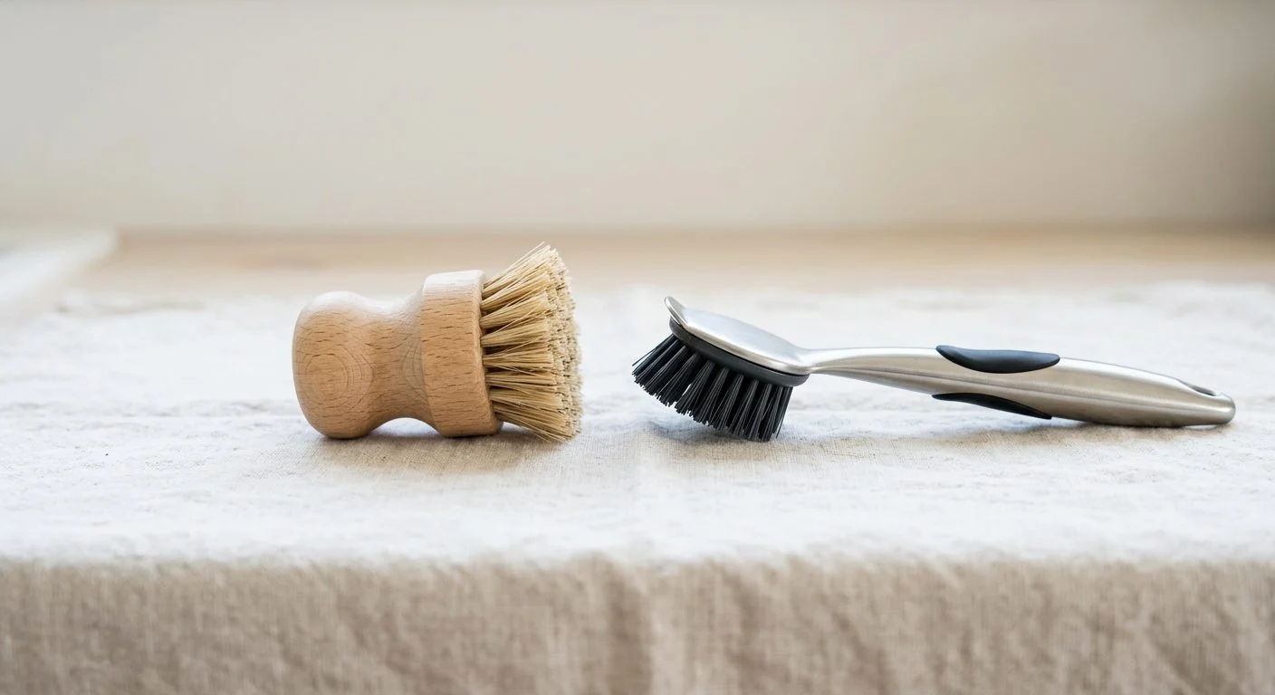 Artikel over afwasborstels: Houten afwasborstel vs RVS-borstel: levensduur, schoonmaken en wanneer welke kiezen