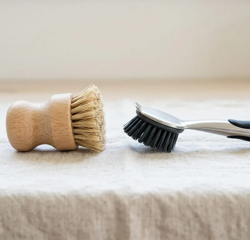 Artikel over schoonmaak & wasgoed: Houten afwasborstel vs RVS-borstel: levensduur, schoonmaken en wanneer welke kiezen