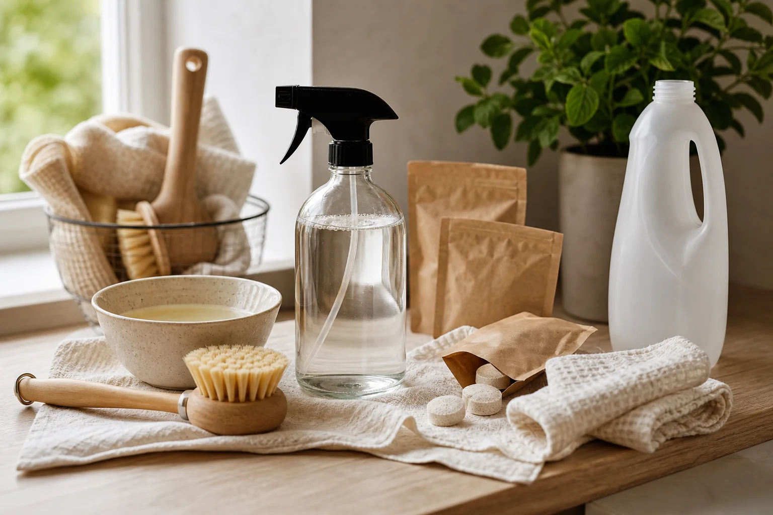 Artikel over schoonmaak & wasgoed: Schoonmaakmiddelen zonder plastic: navullen, tabletten of poeder?