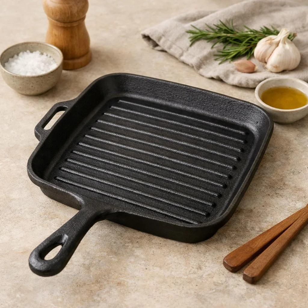 Gietijzeren grillpan zonder coating — plastic-vrij alternatief in Pannen