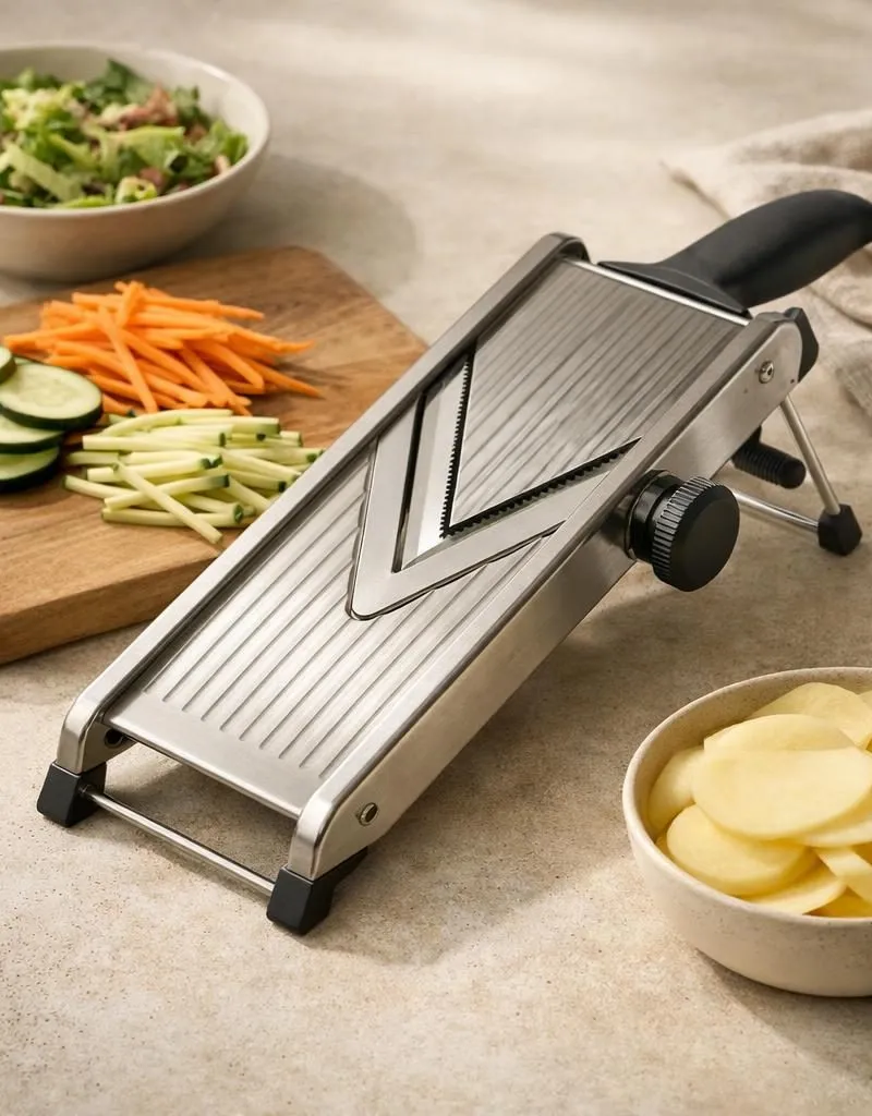 RVS mandoline zonder opvangbak — plastic-vrij alternatief in Keukengerei