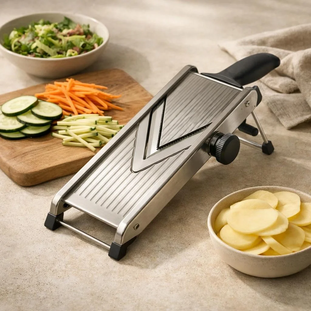 RVS mandoline zonder opvangbak — plastic-vrij alternatief in Keukengerei